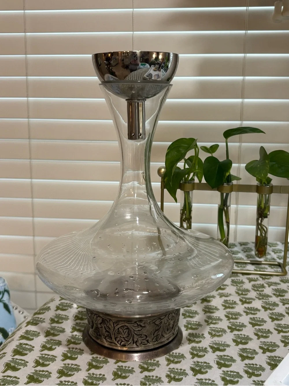 Pottery Barn Madena Pewter Base Glass Wine Decanter & Funnel Set